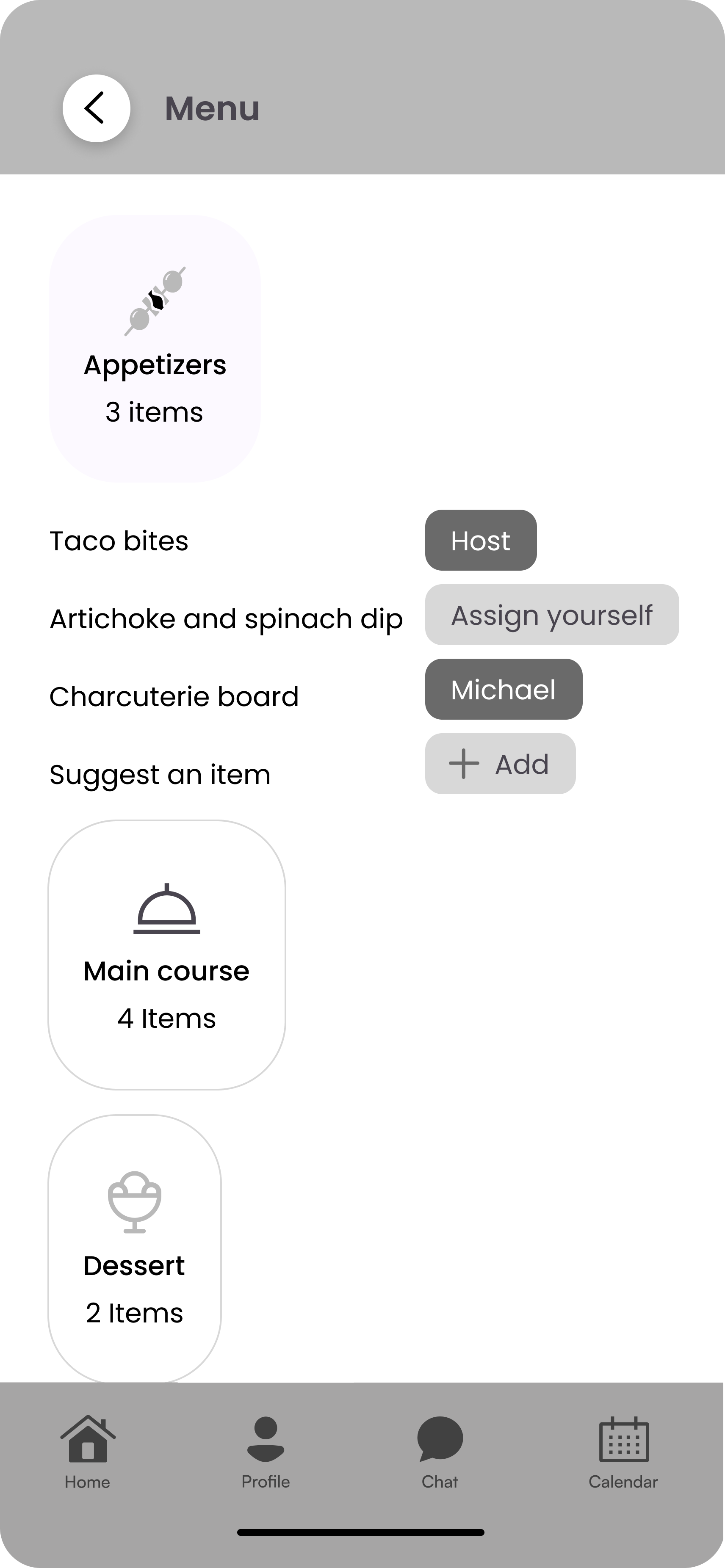 Menu planning screen