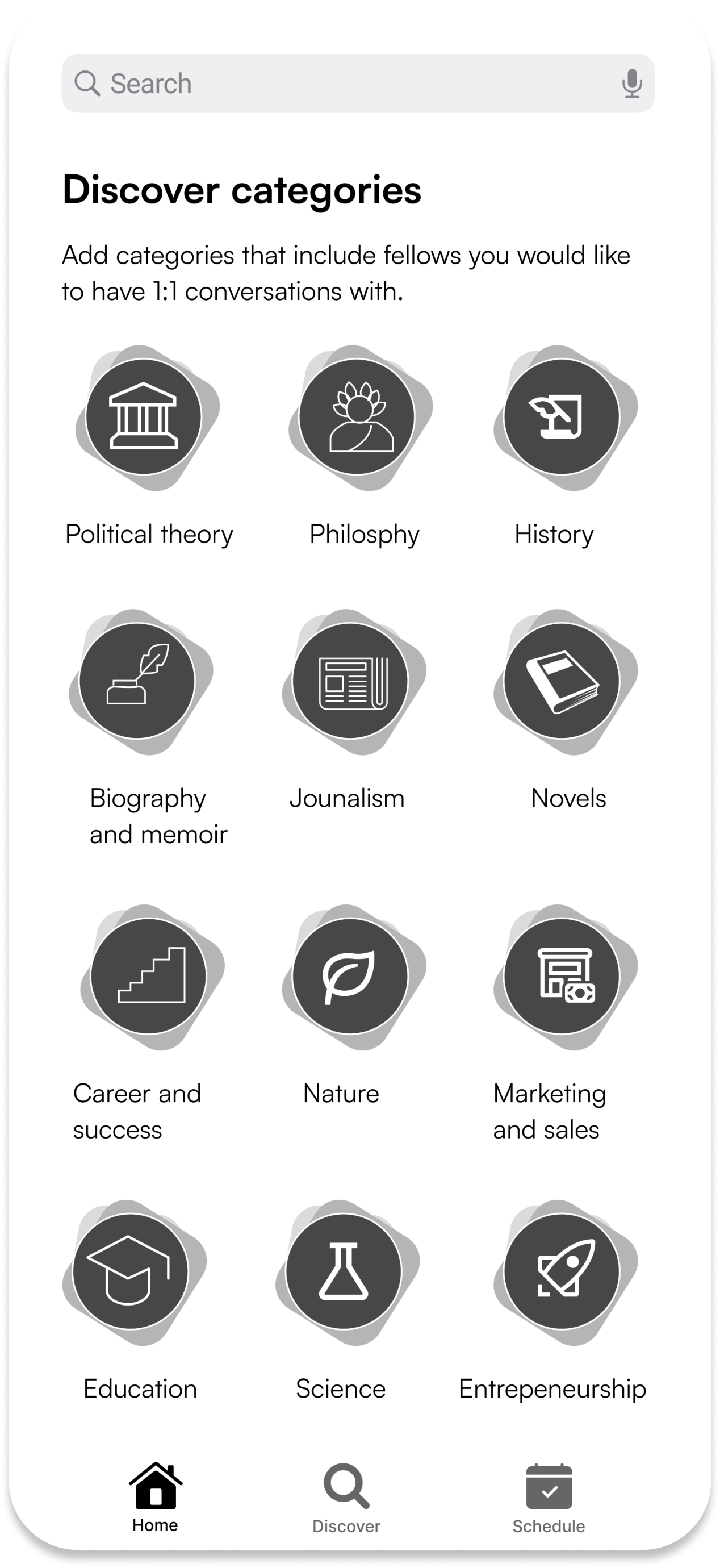 Discover Categories Screen